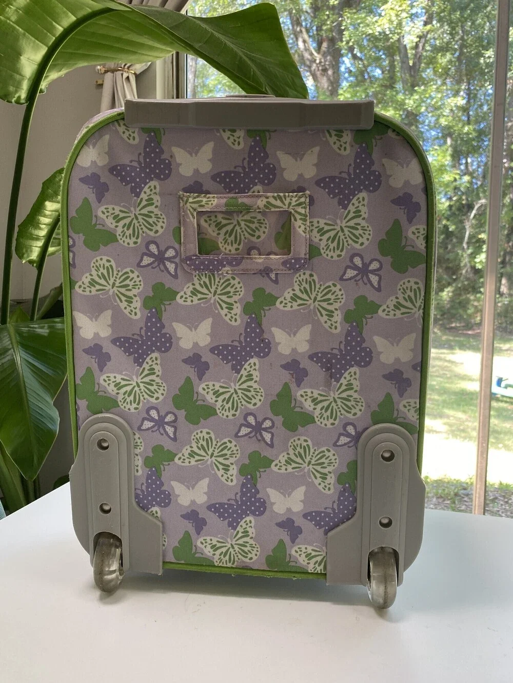 Pottery Barn Kids Butterfly Rolling Suitcase Purple Green Embroidered